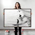 Surfers on Waves Wall Art Canvas Print | Framed Black and White Surf
