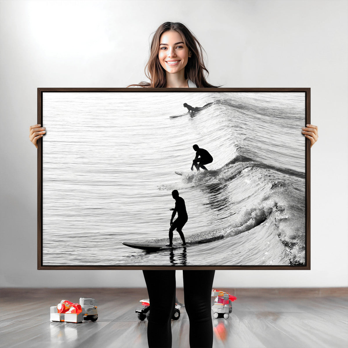 Surfers on Waves Wall Art Canvas Print | Framed Black and White Surf