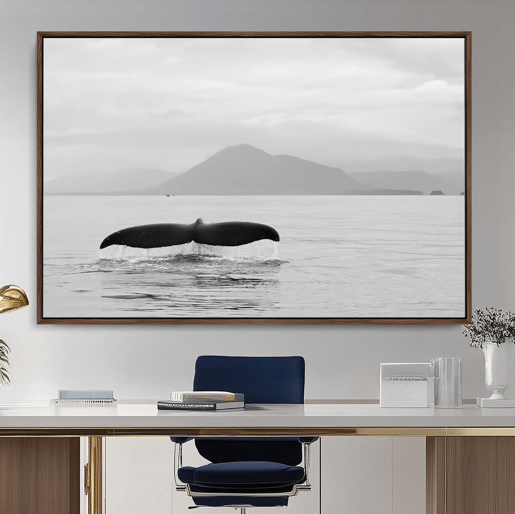 Whale Tail Wall Art | Framed Black White Ocean Canvas