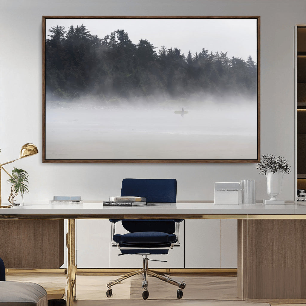 Surfer Fog Wall Art Canvas Print, Framed Foggy Beach and Coastal Surf Scene