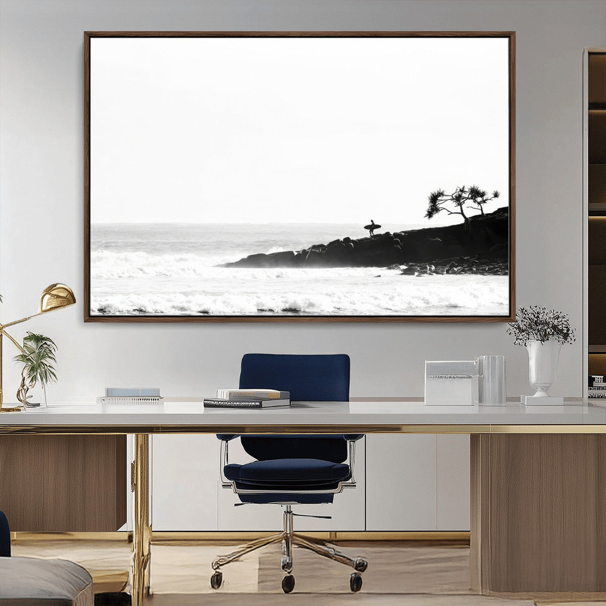 Surfer Cliffs Wall Art Canvas Print, Framed Black White Beach and Ocean Waves