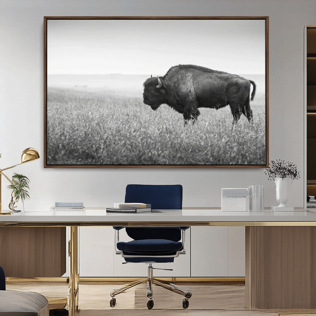 Bison Wall Art Canvas Print, Framed Rustic Wildlife Scene with Wild Buffalo