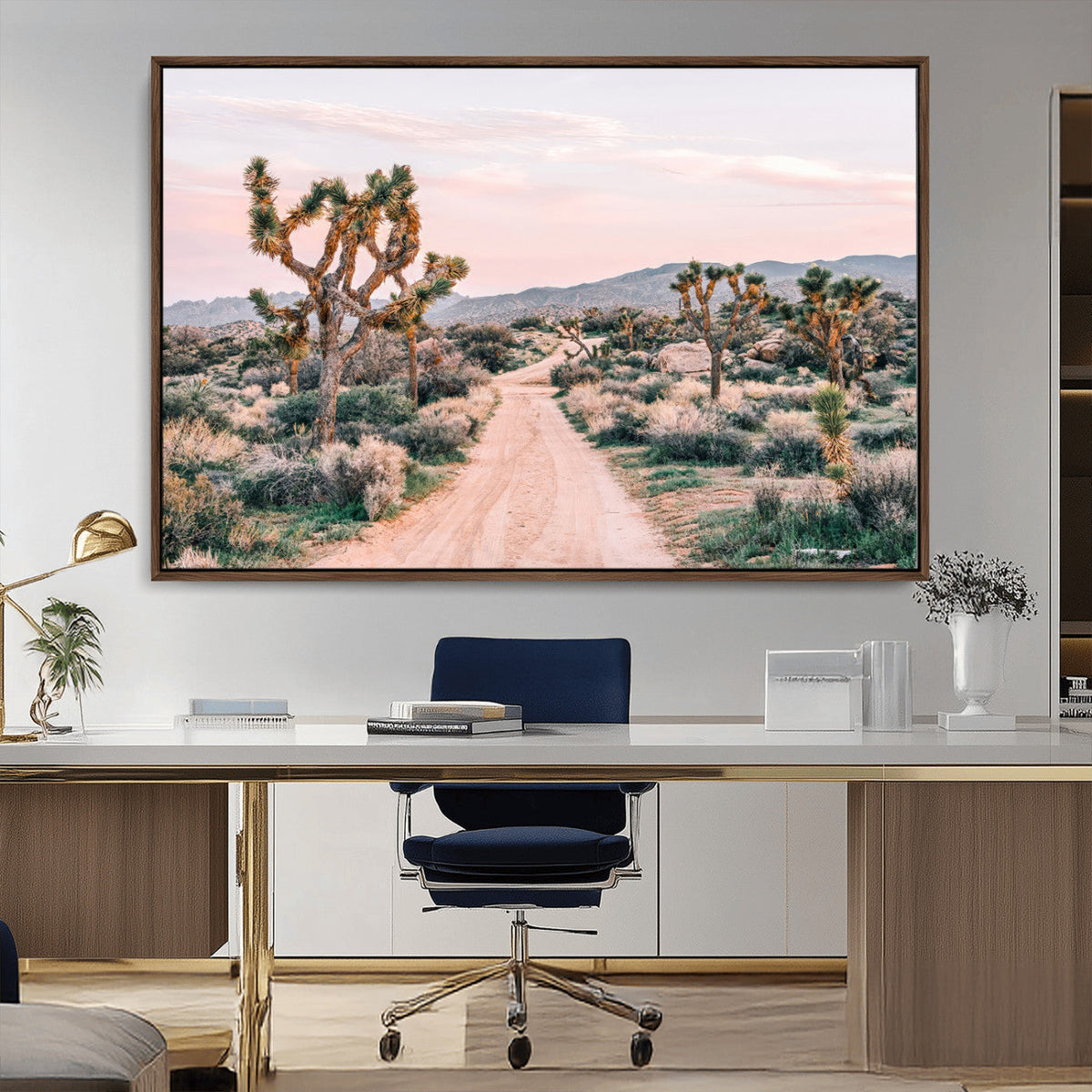 Joshua Tree Wall Art Canvas Print, Framed Desert Road Scene at Sunset