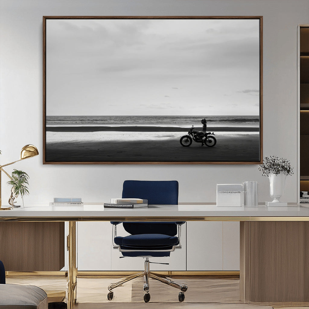 Motorcycle Beach Wall Art Canvas Print, Framed Vintage Biker Silhouette Artwork