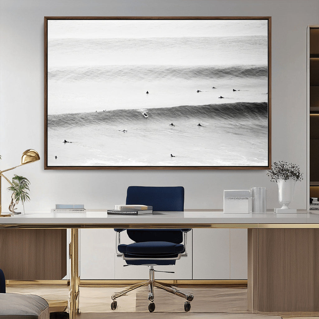 Black White Ocean Wall Art Canvas Print, Framed Coastal Sport and Ocean Swimmers Scene