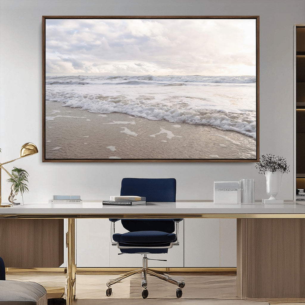 Ocean Waves Wall Art Canvas Print, Framed Coastal Shoreline Sea Foam Artwork