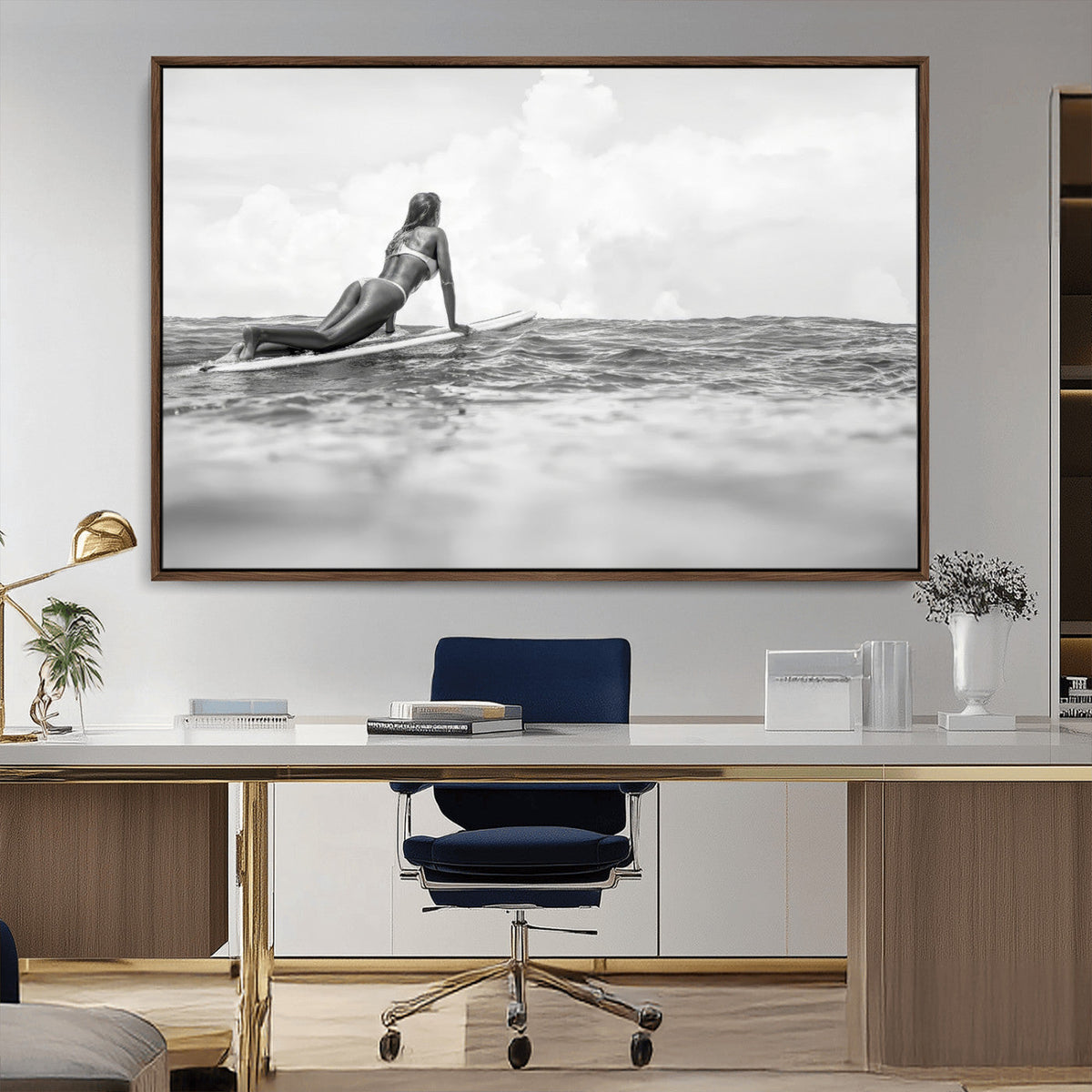 Black and White Surfing Wall Art Canvas Print, Framed Ocean Horizon Surfer Girl