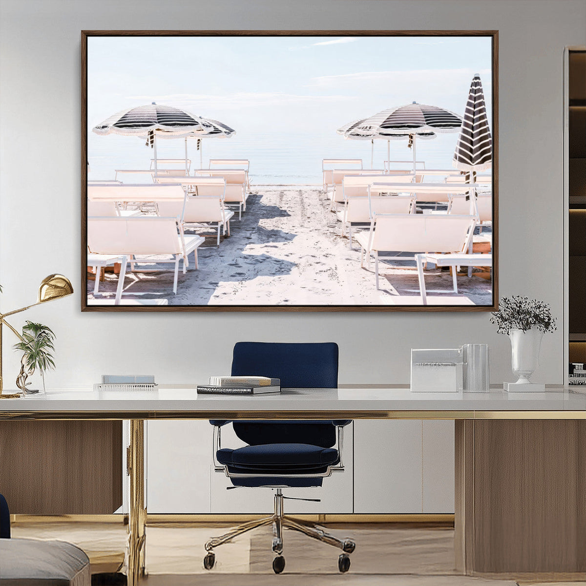 Minimalist Beach Wall Art Canvas Print, Framed Pastel Sand and Striped Umbrella Artwork