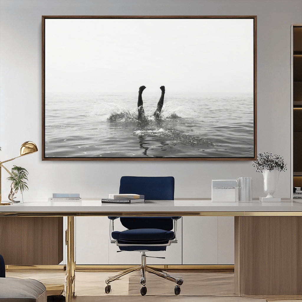 Black White Ocean Wall Art Canvas Print, Framed Monochrome Diving into Water Artwork