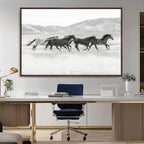 Wild Horses Running Wall Art Canvas Print, Framed Black White Mustangs Artwork