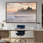 Sunset Surfing Wall Art Canvas Print, Framed Misty Mountains and Surfer Riding a Wave