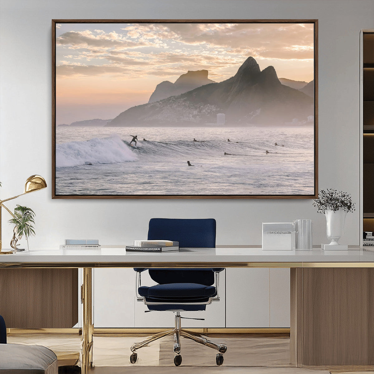 Sunset Surfing Wall Art Canvas Print, Framed Misty Mountains and Surfer Riding a Wave