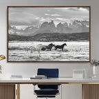 Wild Horses Wall Art | Framed Black White Mountain Canvas