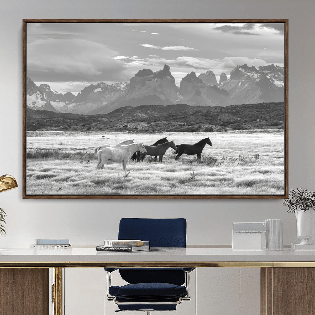 Wild Horses Wall Art | Framed Black White Mountain Canvas