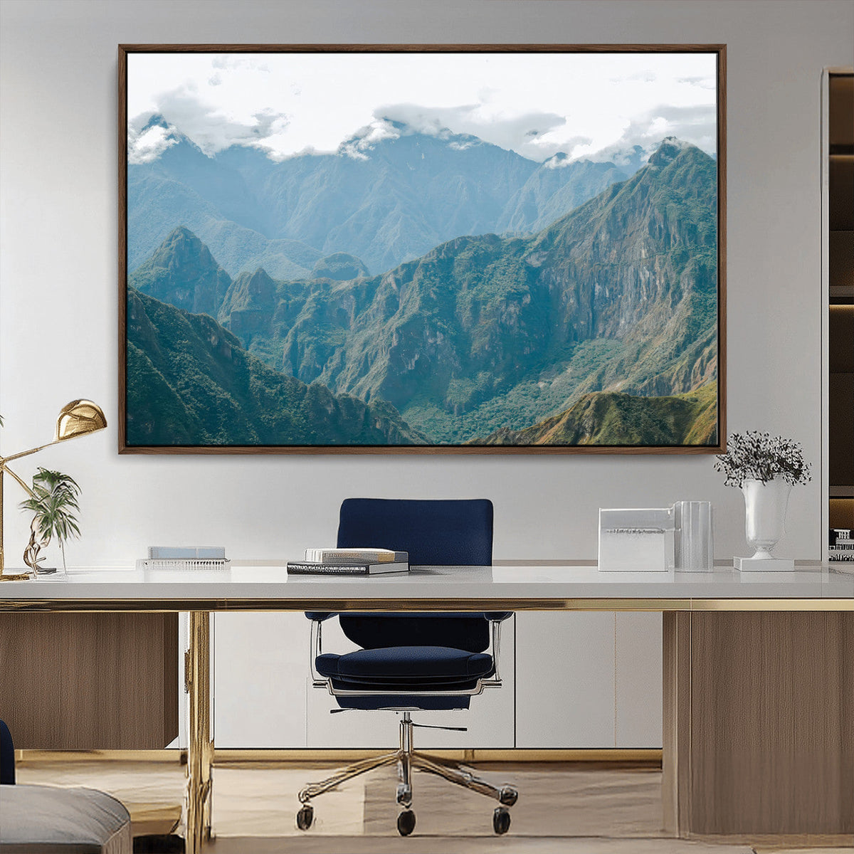 Misty Mountain Wall Art Canvas Print, Framed Cloudy Andean Art, Rugged Mountain Landscape