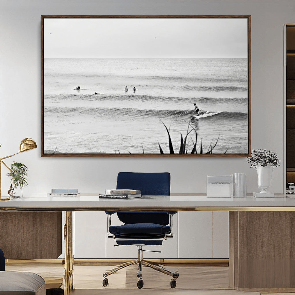 Surfer Silhouette Wall Art, Framed Calm Ocean Monochrome Surf Canvas Print