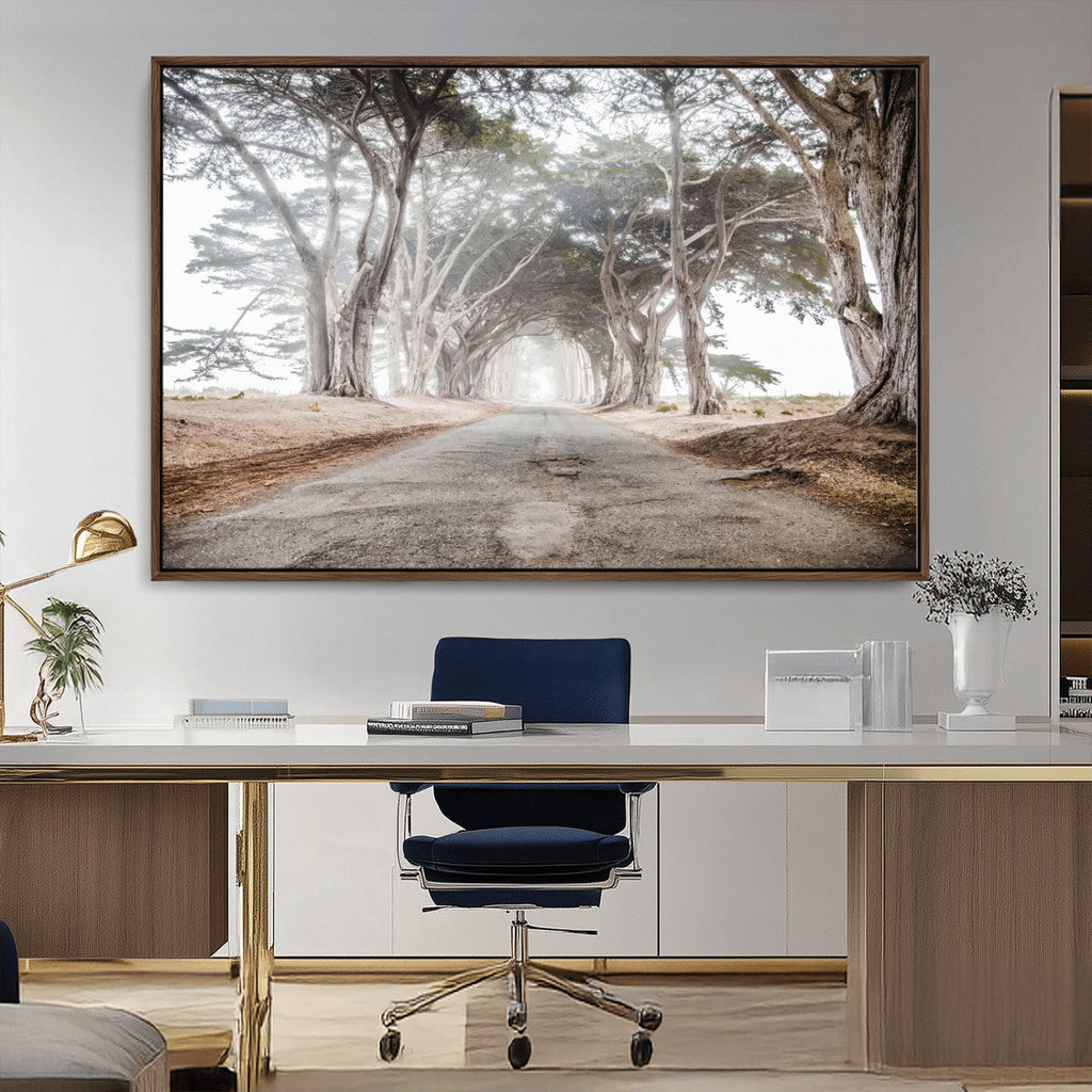 Cypress Tunnel Wall Art | Framed Misty Road Canvas Artwork