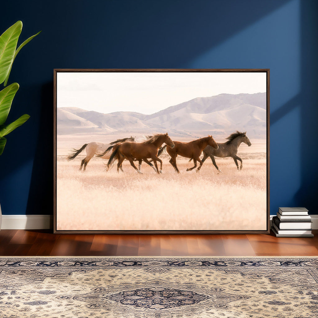Wild Horse Wall Art Canvas Print, Framed Rustic Western Art, Desert Horse Scene