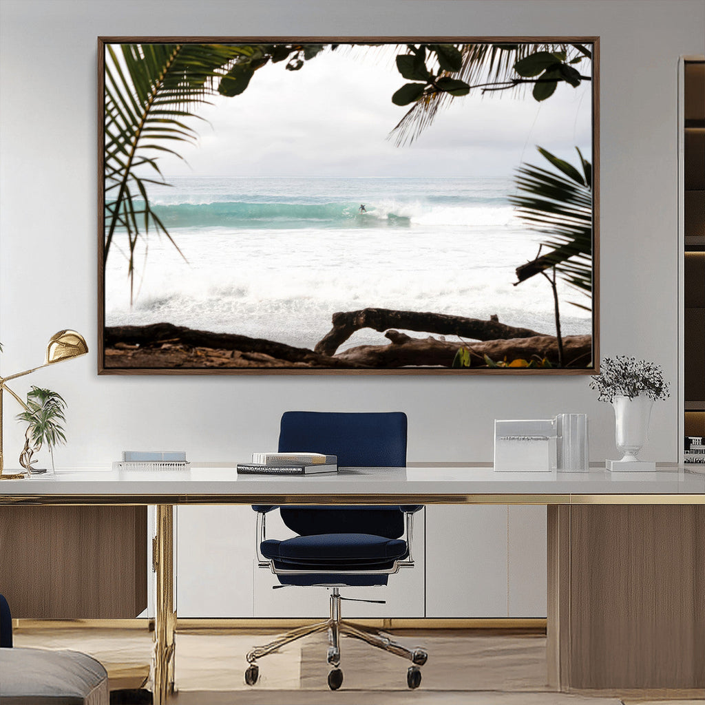 Tropical Surf Wall Art Canvas Print, Framed Palm Tree View Art, Boho Beach House Decor