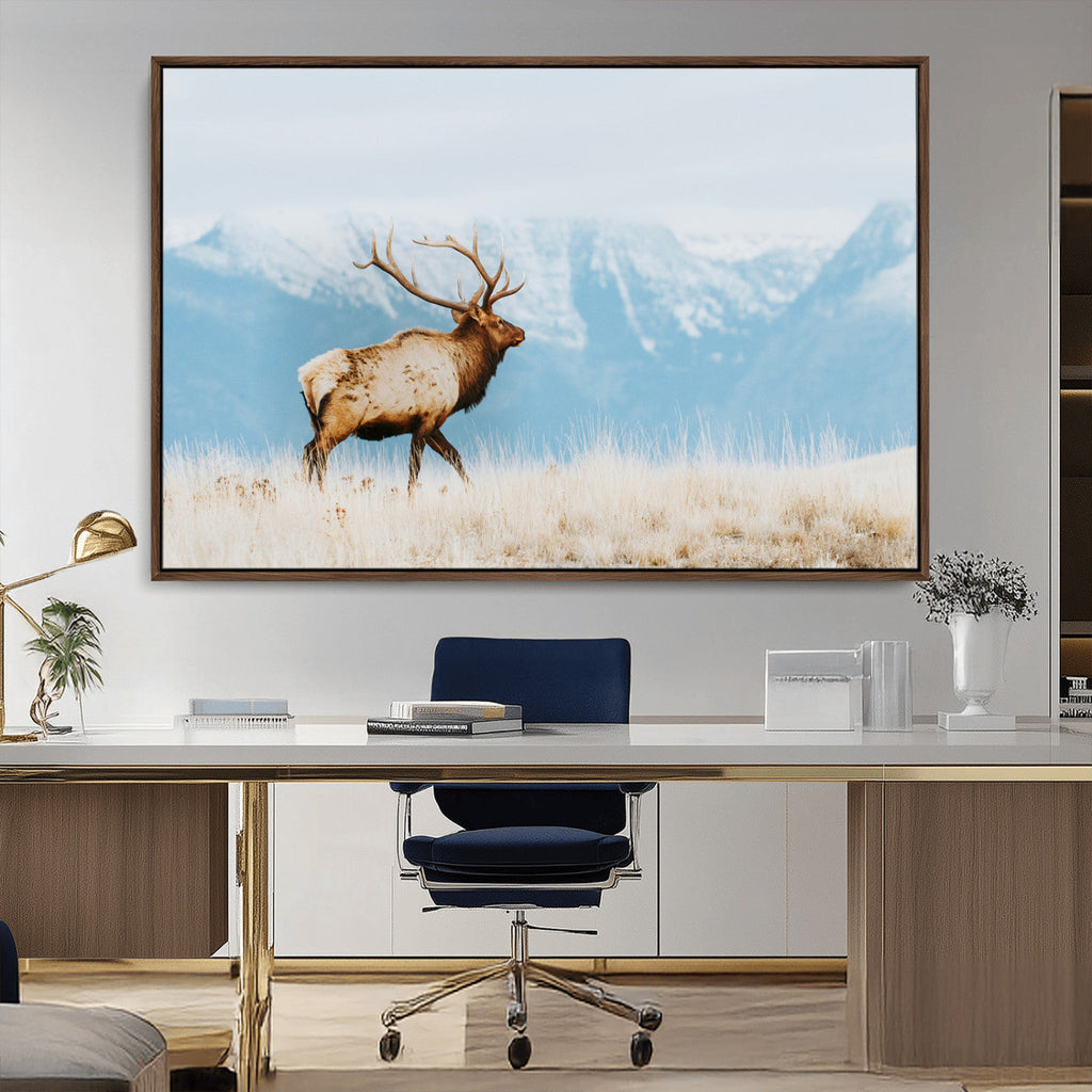 Mountain Elk Wall Art Canvas Print, Framed Rustic Wildlife Art, Lodge Style Decor