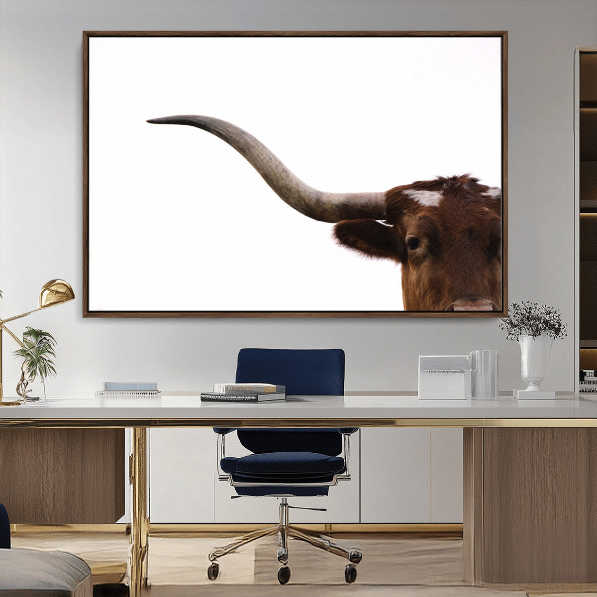 Texas Longhorn Wall Art Canvas Print, Framed Minimalist Cow Art, Ranch Style Decor