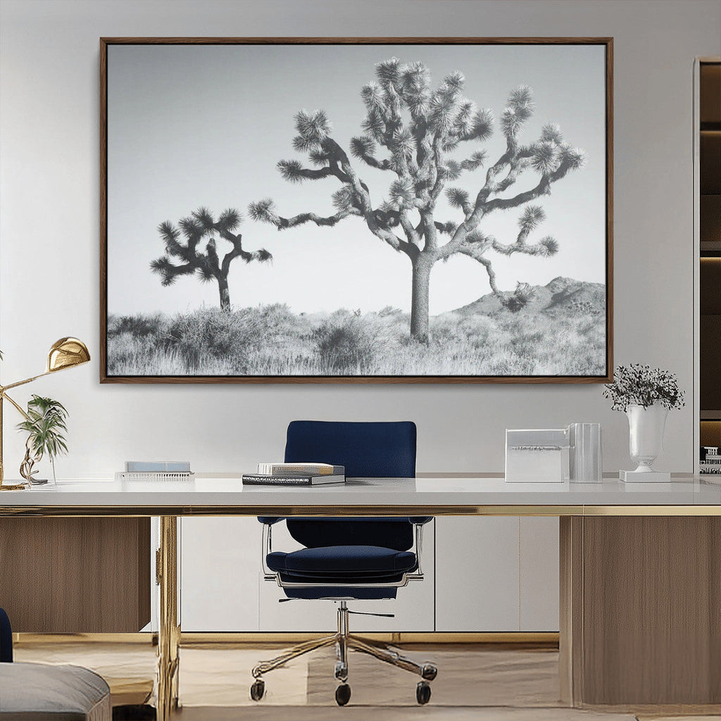 Joshua Tree Wall Art Canvas Print, Framed Black and White Desert Landscape Artwork