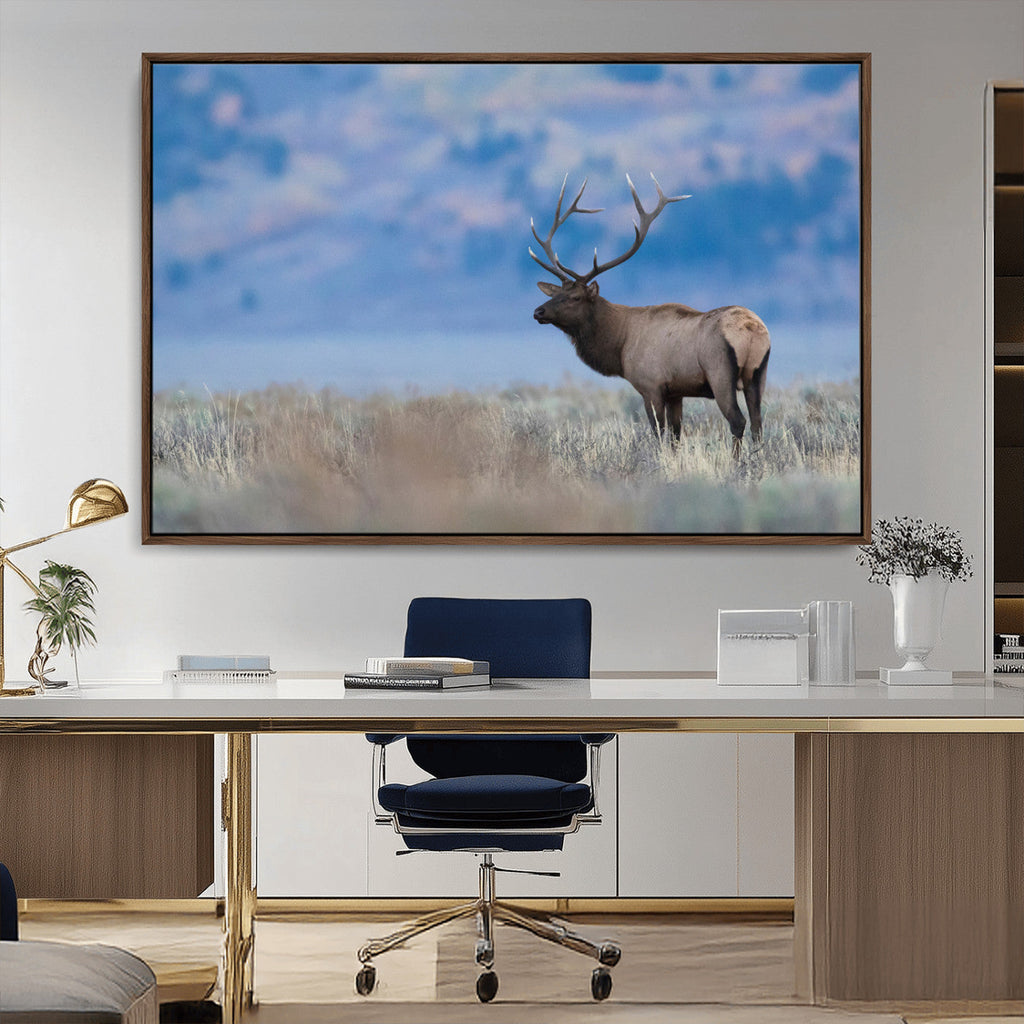 Elk Wall Decor Canvas Print, Framed Rustic Wildlife Art, Mountain Elk Landscape