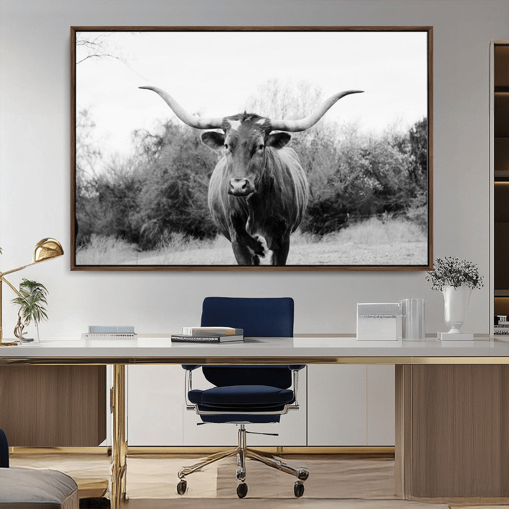 Longhorn Photography Wall Art Canvas Print, Framed Western Cow Texas Ranch Decor