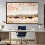 Country Cow Herd Wall Art Canvas Print, Framed Farmhouse Cattle Scene, Rustic Ranch Decor
