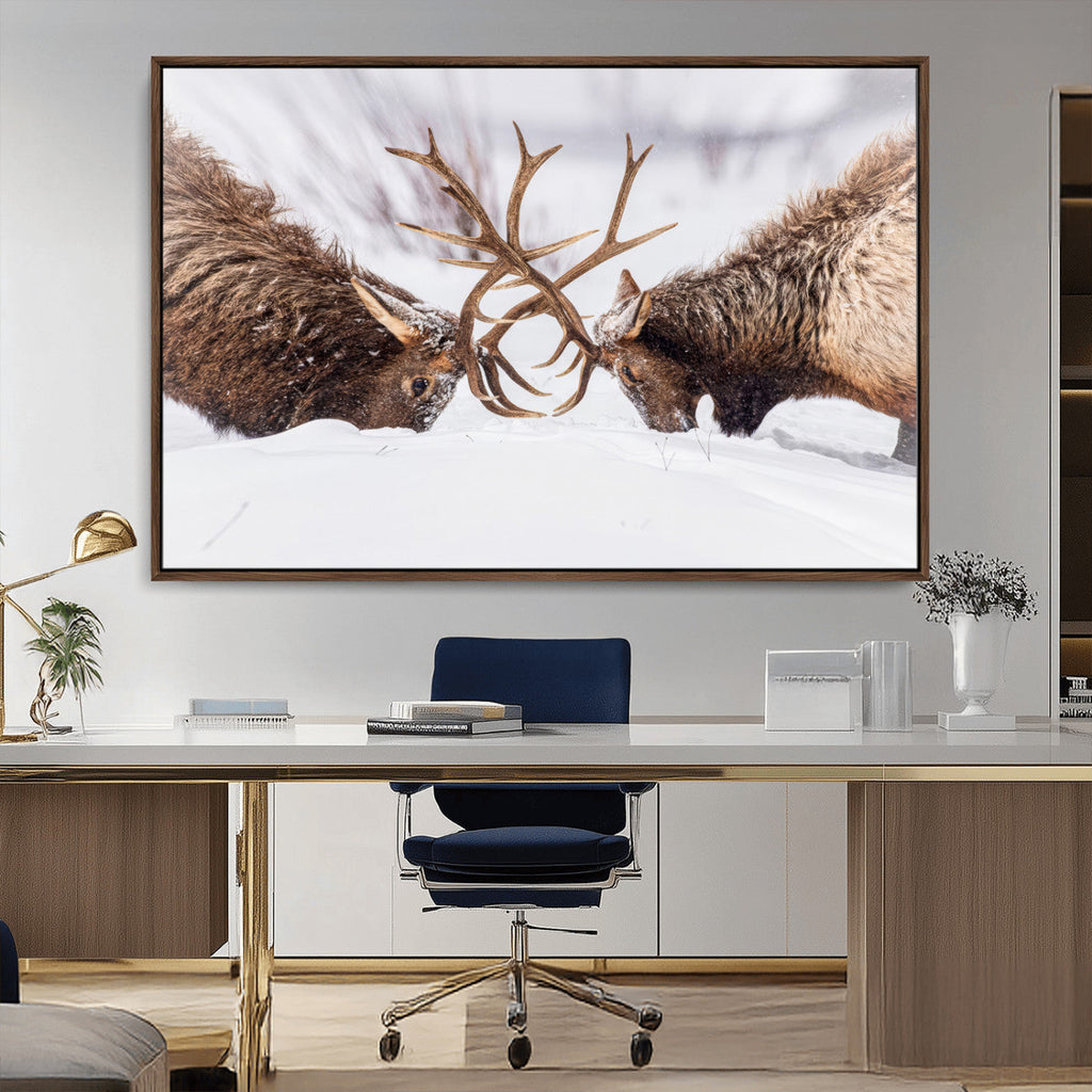 Elk Wall Art Canvas Print, Framed Wildlife Art, Snowy Forest Elk Rustic Lodge Decor