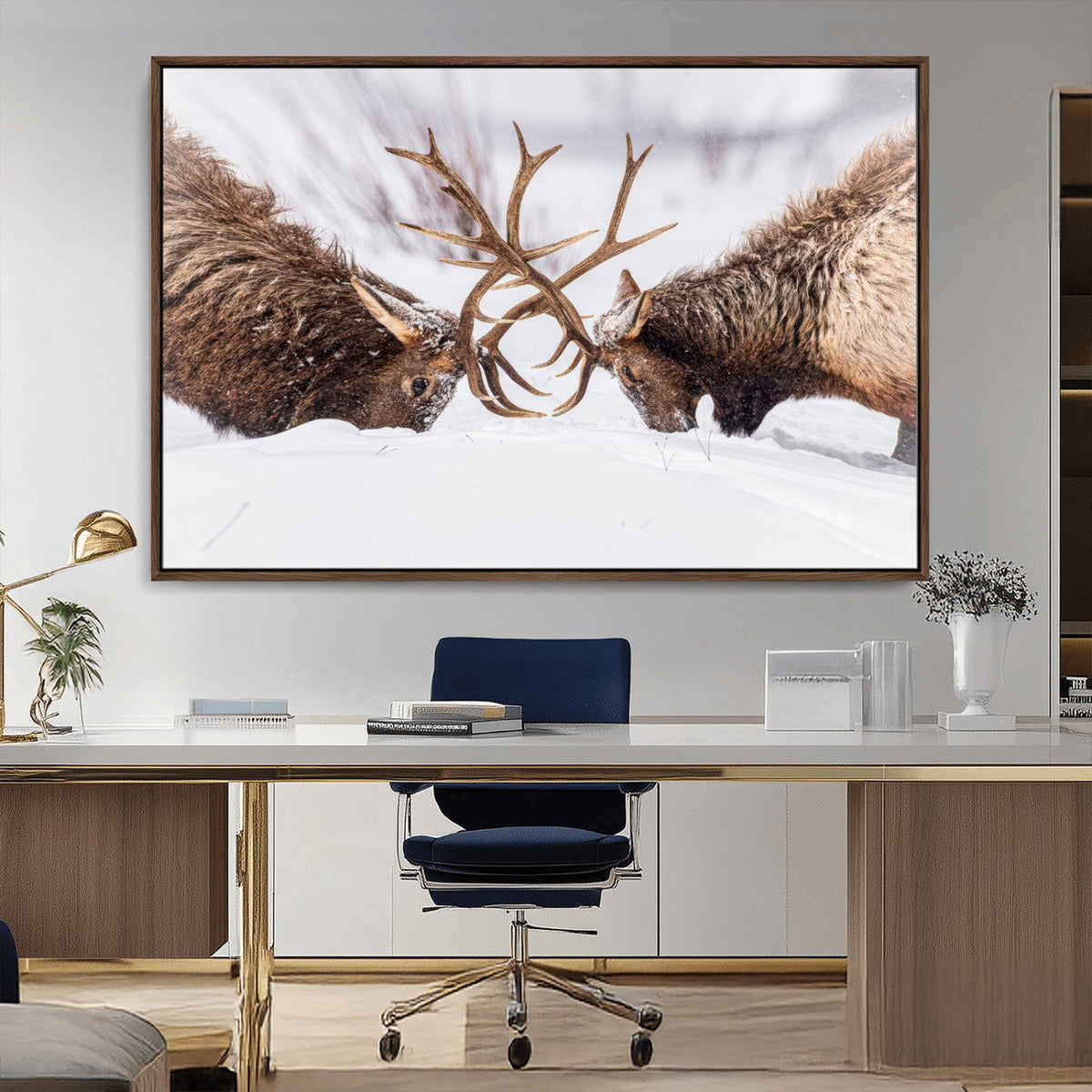 Elk Wall Art Canvas Print, Framed Wildlife Art, Snowy Forest Elk Rustic Lodge Decor
