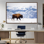 Bison Snow Wall Art Canvas Print, Framed Wildlife Scene, Western Ranch Style Decor