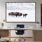 Bison Herd Wall Art Canvas Print, Framed Snowy Bison Scene, Winter Wildlife Decor