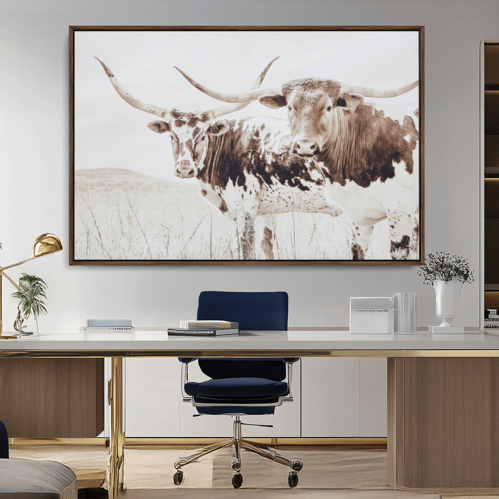 Longhorn Cow Wall Art Canvas Print, Framed Rustic Cattle Art, Sepia Western Decor