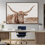 Longhorn Bull Wall Art Canvas Print, Framed Rustic Cow Decor, Neutral Farmhouse Style