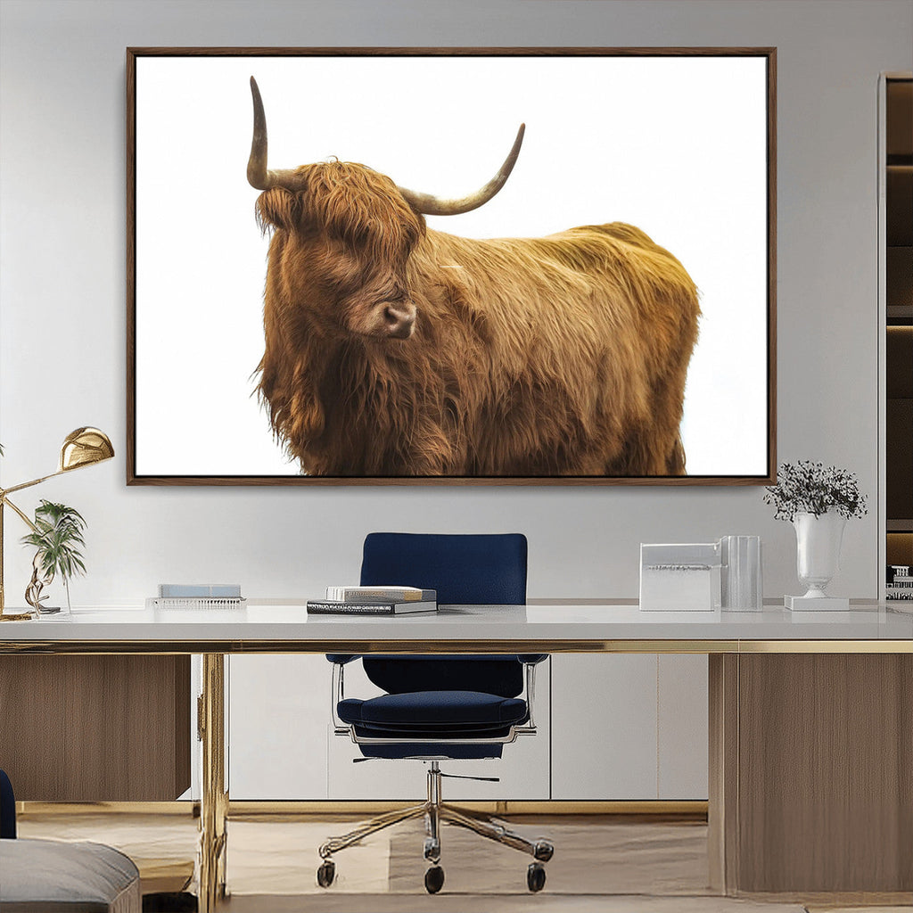 Highland Cow Wall Art Canvas Print, Framed Rustic Farmhouse Animal Portrait