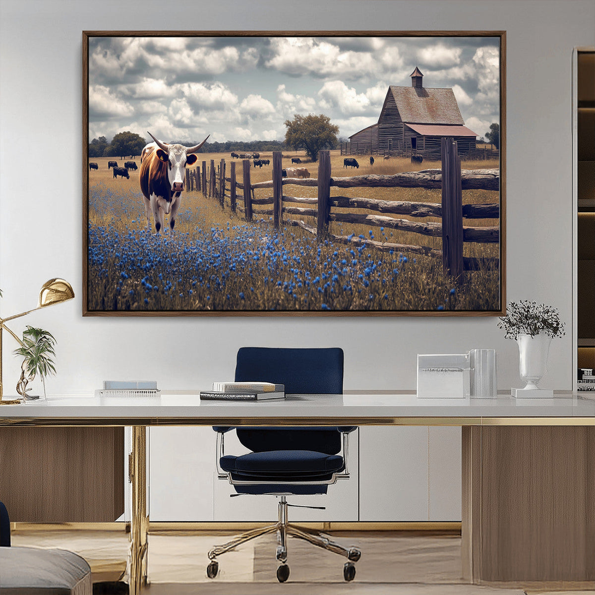 Texas Longhorn Canvas Wall Art Print, Framed Rustic Barn Farmhouse Decor