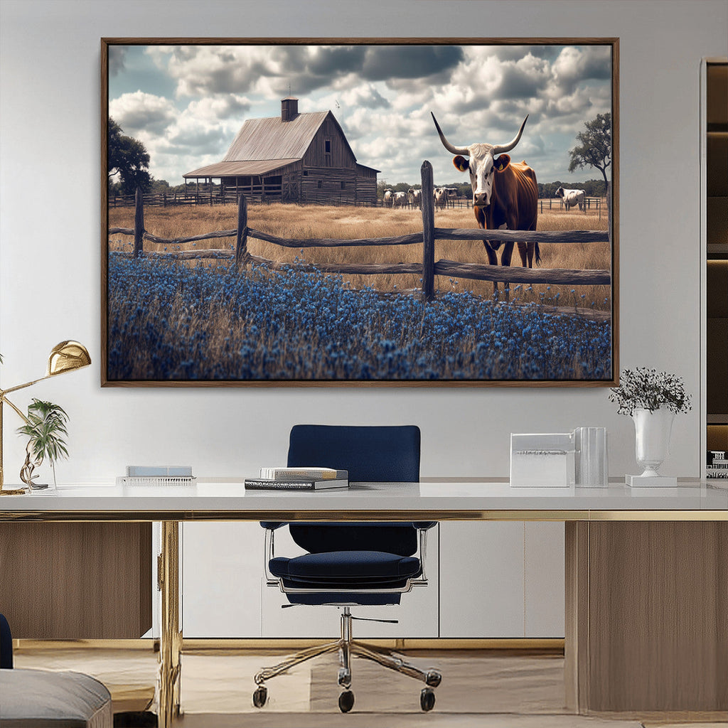 Texas Longhorn Wall Art Canvas Print, Framed Rustic Barn Art, Farmhouse Cow Decor
