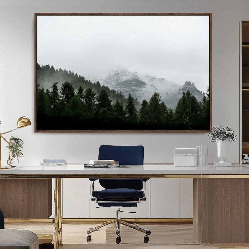 Misty Mountains Wall Art Canvas Print, Framed Foggy Forest Art, Snowy Peaks Landscape