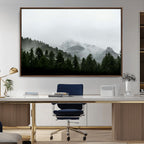 Misty Mountains Wall Art Canvas Print, Framed Foggy Forest Art, Snowy Peaks Landscape