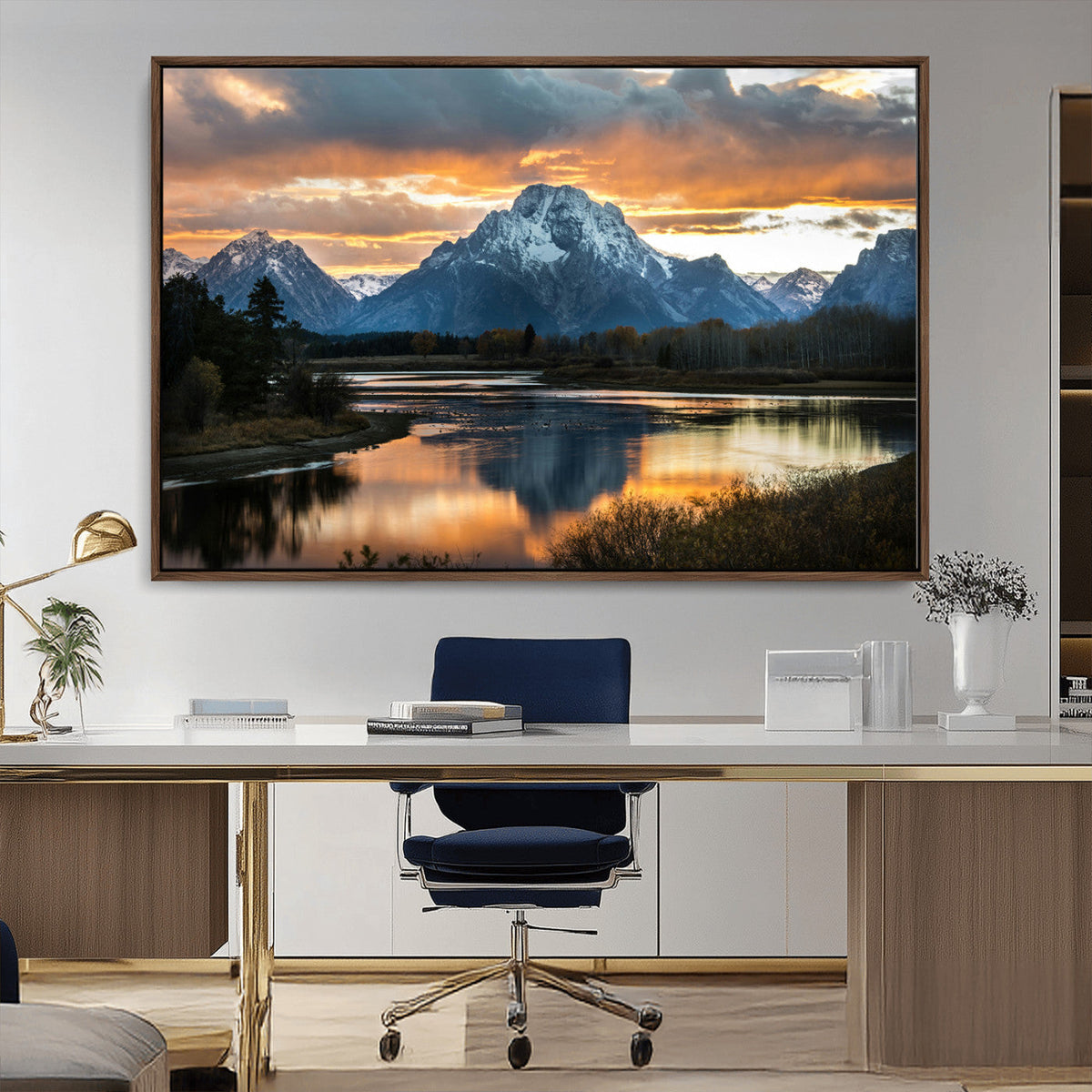 Mountain Sunset Wall Art Canvas Print, Framed Alpine Wilderness Art, Golden Hour Lake