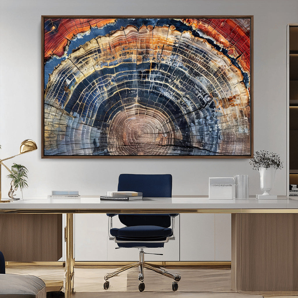 Tree Rings Wall Art Canvas Print, Framed Petrified Wood Modern Rustic