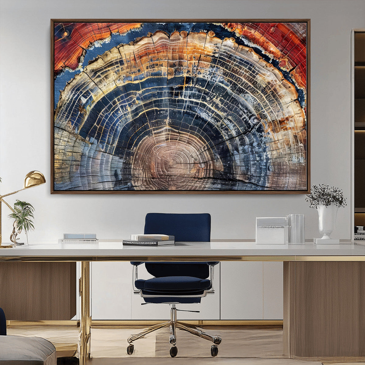 Tree Rings Wall Art Canvas Print, Framed Petrified Wood Modern Rustic