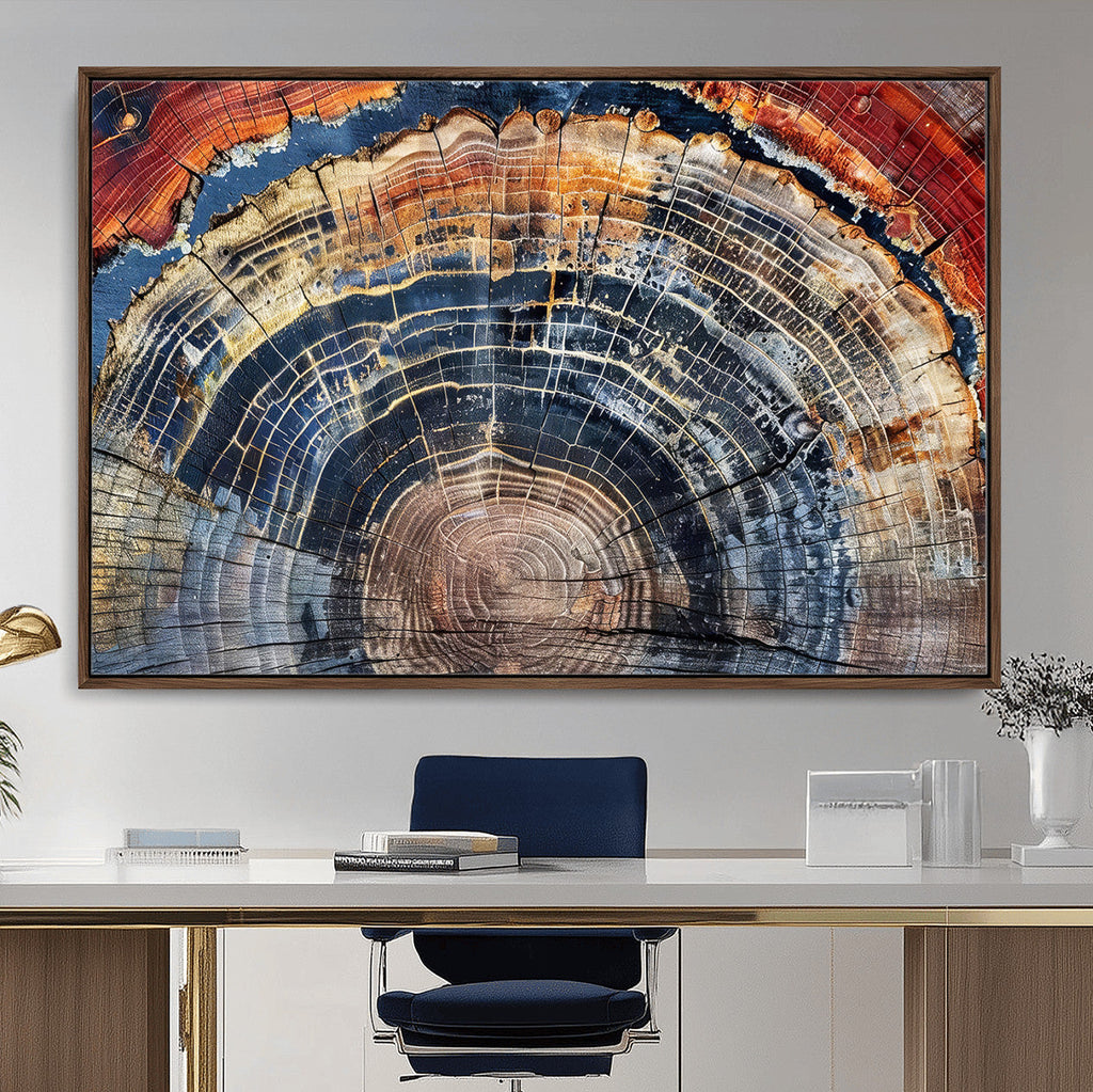 Tree Rings Wall Art Canvas Print, Framed Petrified Wood Art, Modern Rustic Decor
