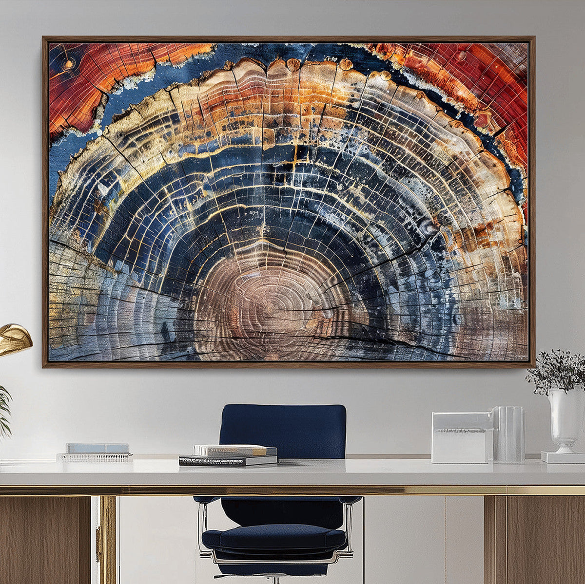 Tree Rings Wall Art Canvas Print, Framed Petrified Wood Art, Modern Rustic Decor