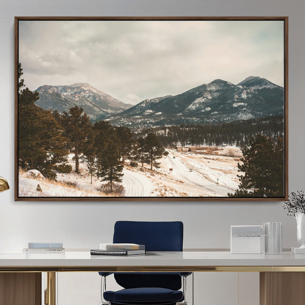 Mountain Landscape Wall Art Canvas Print, Framed Snowy Peaks Alpine Winter