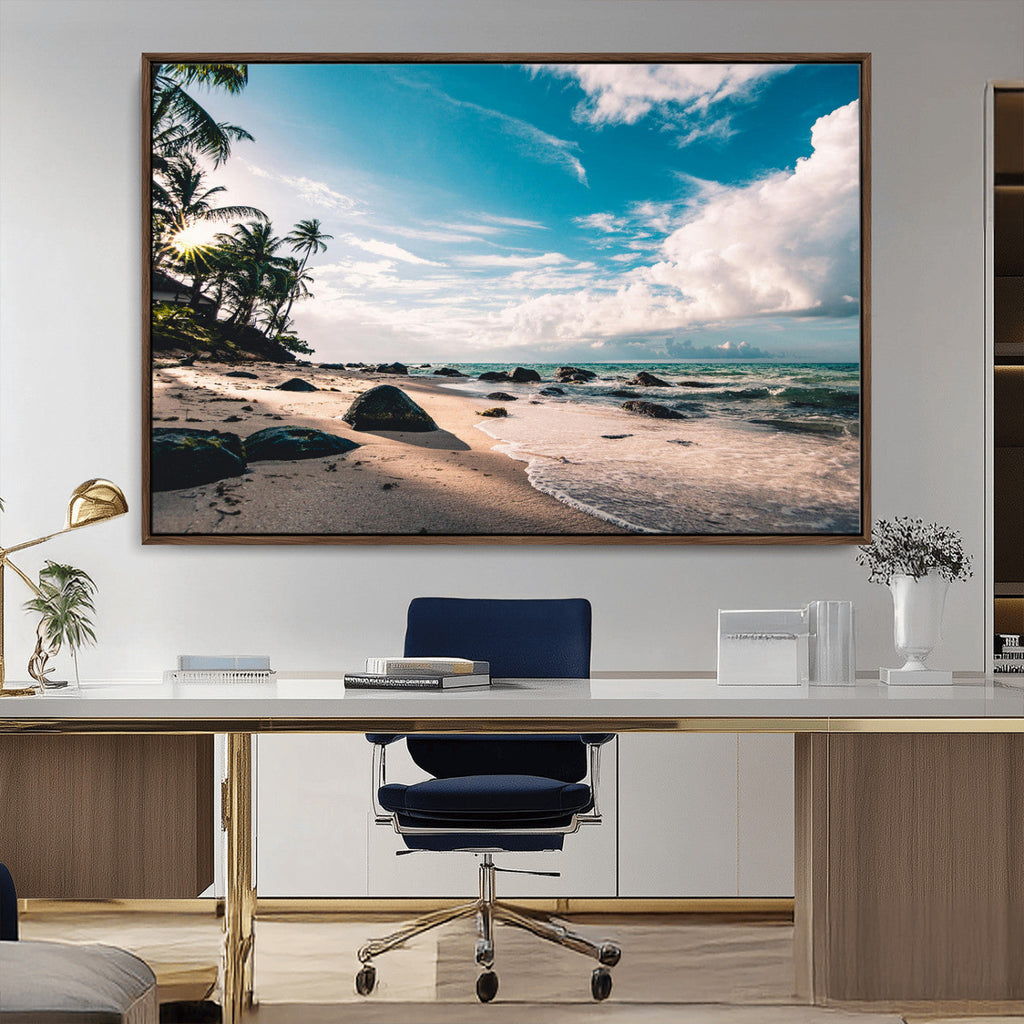 Tropical Beach Wall Art Canvas Print, Framed Ocean Waves Relaxing Seascape