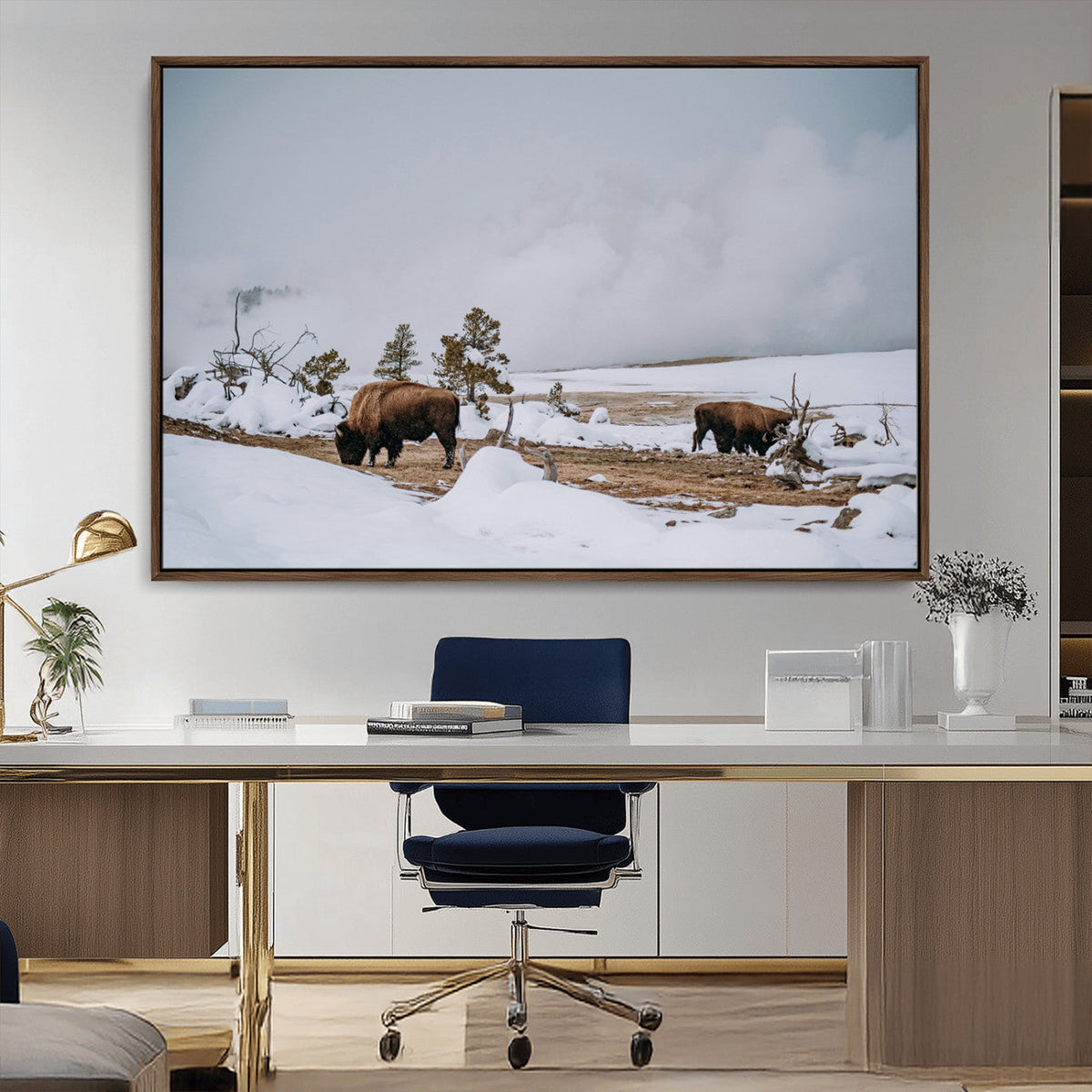 Bison Wildlife Wall Art Canvas Print, Framed Snowy Prairie Art, Western Landscape Decor