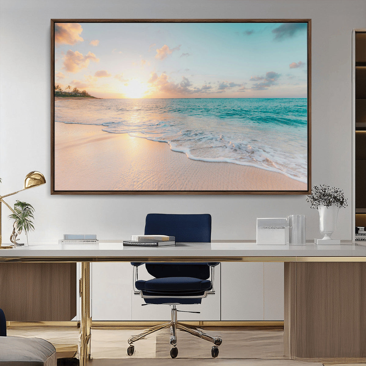 Beach Sunset Wall Art Canvas Print, Framed Ocean Waves Summer Escape