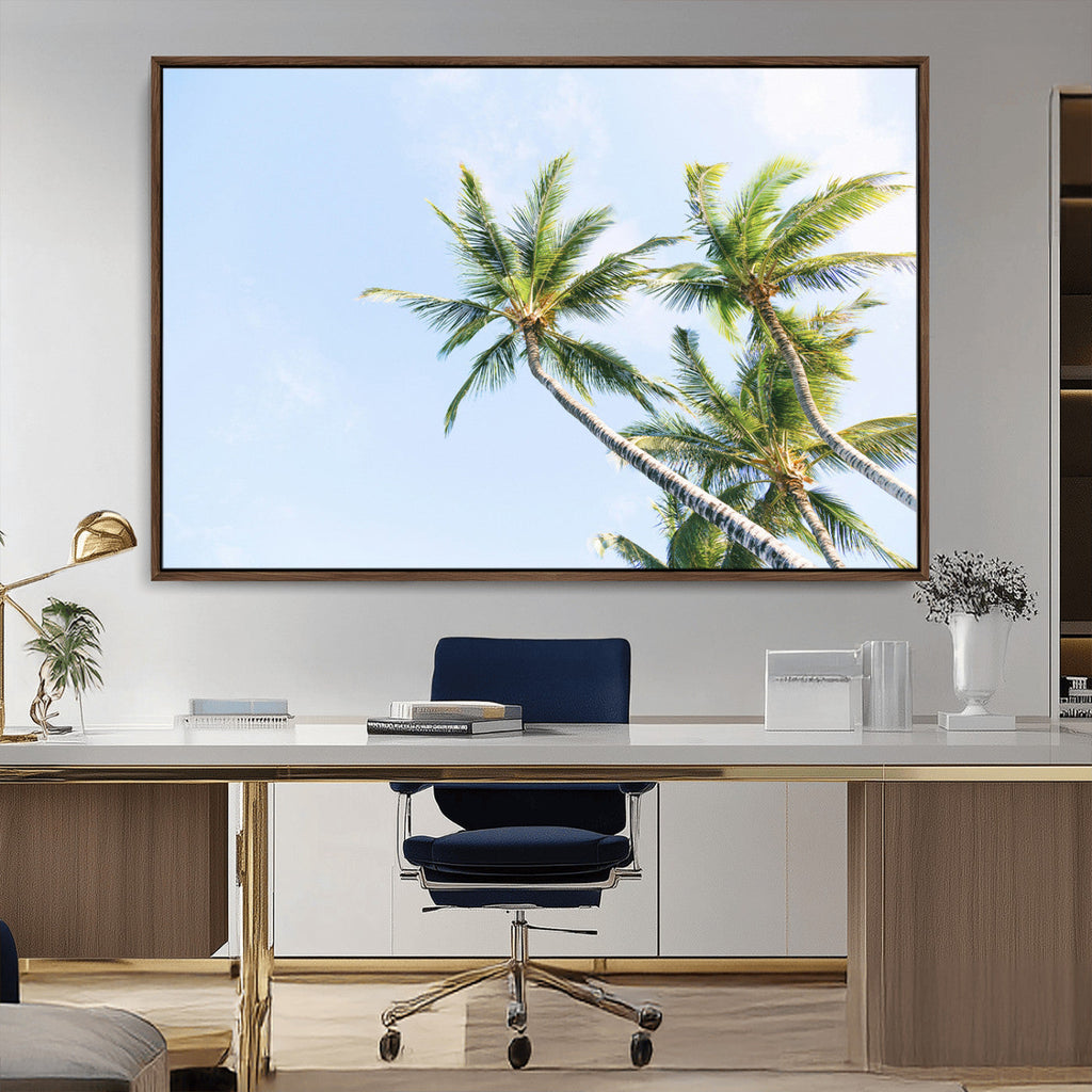Palm Trees Wall Art Canvas Print, Framed Tropical Coastal Scene Under Blue Sky